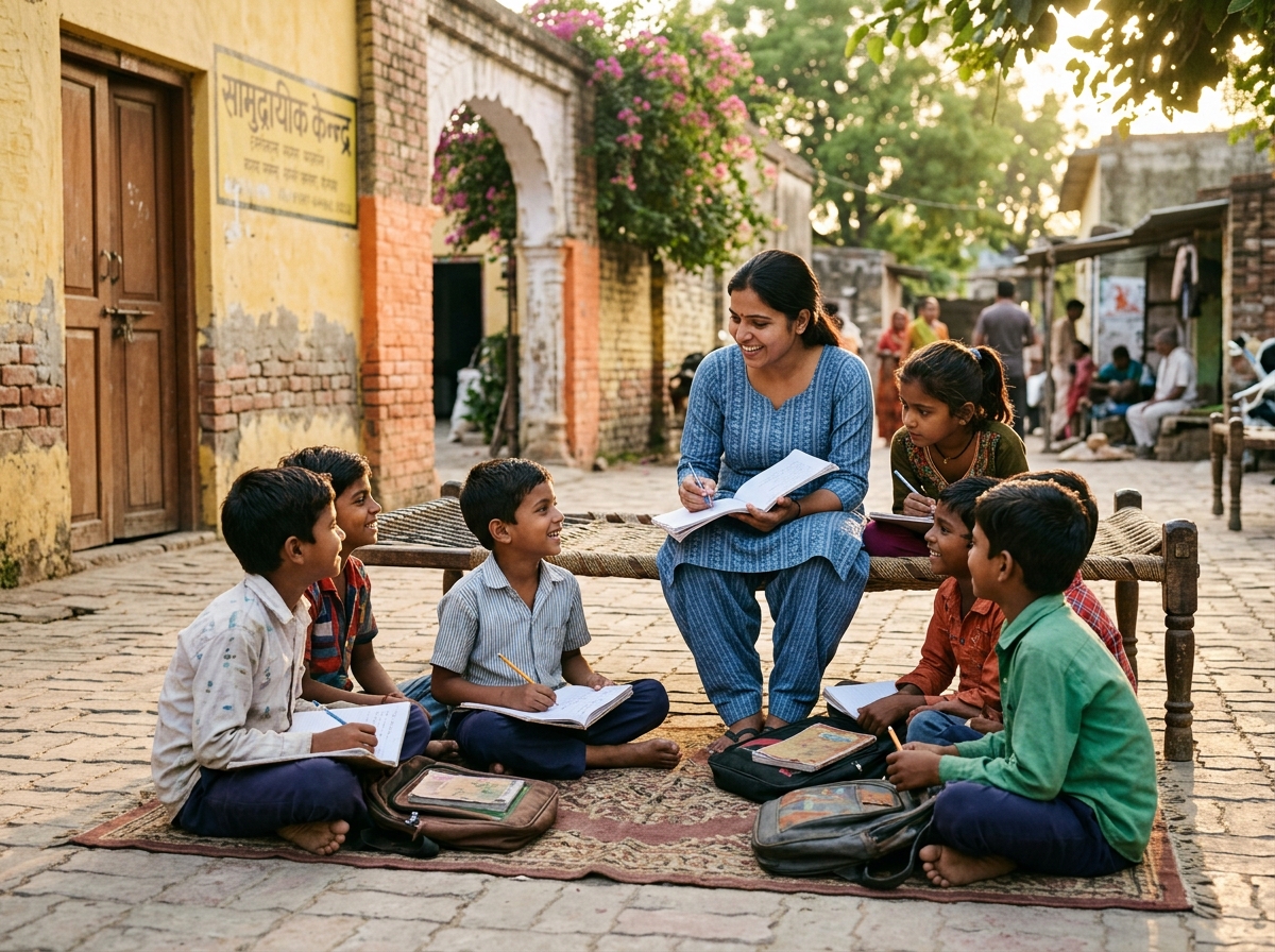 Community mentor teaching village children in an open courtyard in Uttar Pradesh