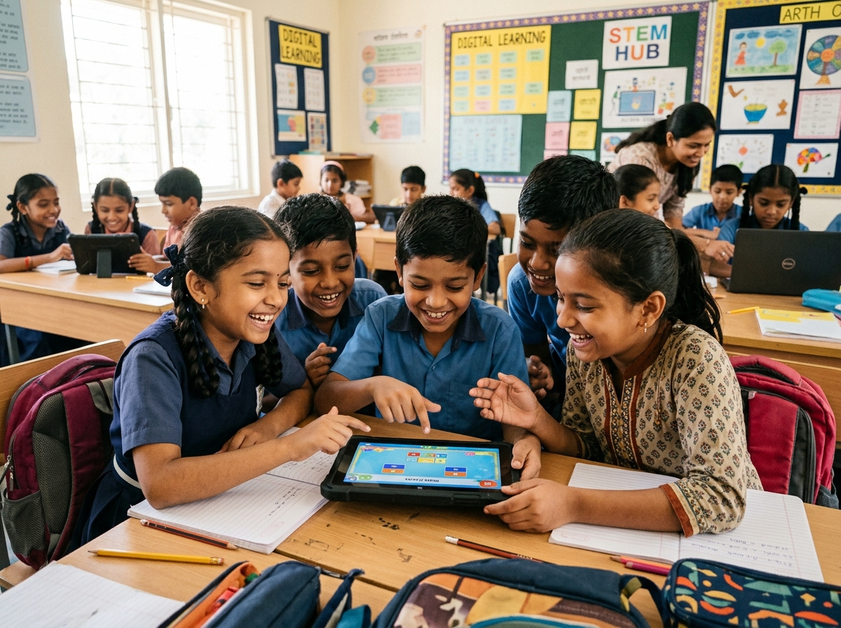 Students collaborating on digital tablets during Ek Pahel learning workshop