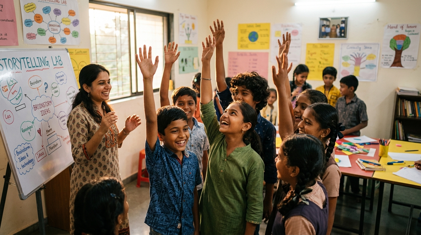 Indian youth and children smiling during interactive learning workshop