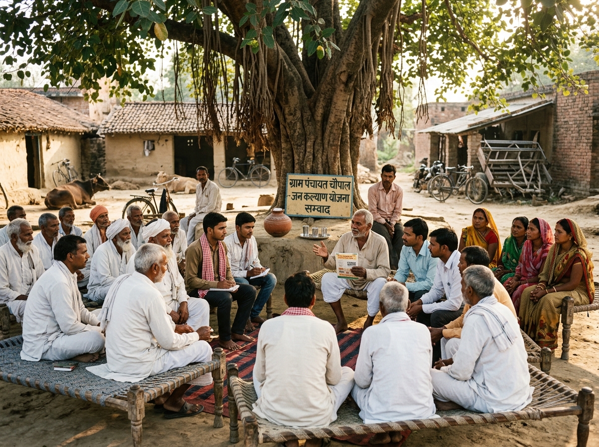 Village Chaupal community gathering under banyan tree in rural UP
